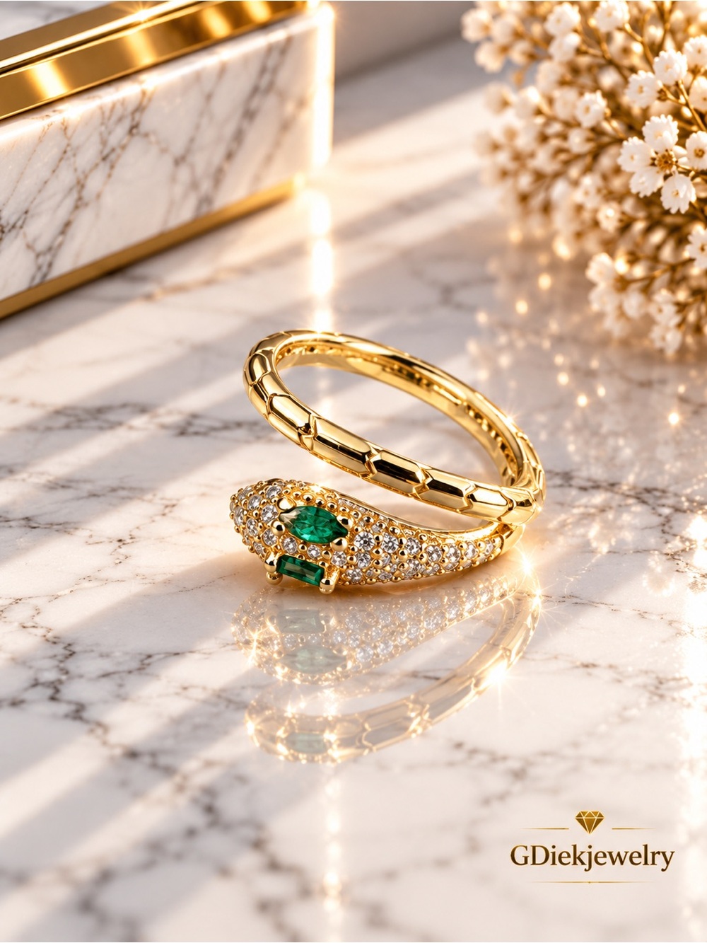 Gold filled Adjustable Snake Ring with Green Gemstones
